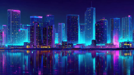 A captivating futuristic city skyline illuminated by vibrant neon lights, reflecting beautifully in the calm waters at nighttime, creating a dreamy atmosphere.の素材