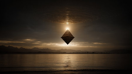 This captivating image features a pyramid hovering above tranquil waters at sunset, surrounded by mountains. The dramatic lighting and reflection create a sense of mystery and serenity.の素材