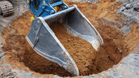 An excavator bucket is engaged in digging a deep hole at a construction site, showcasing the process of soil removal and site preparation for future projects.の素材