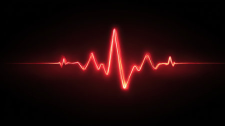 A vibrant and glowing red heartbeat line pulses against a deep black background, symbolizing health and vitality. This digital art piece captures the essence of life and energy through rhythm and motion.の素材