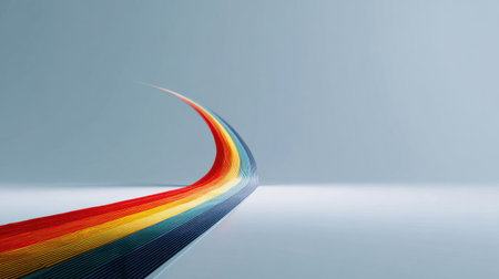 This image features a colorful wave of vibrant stripes that creates a dynamic curved path against a smooth, neutral background, evoking creativity and joy.の素材