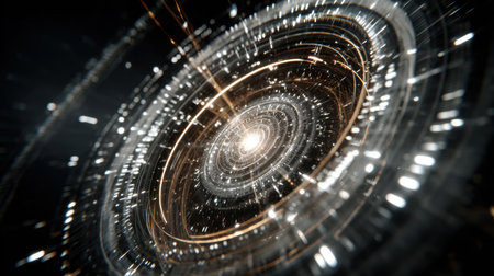 A mesmerizing abstract image depicting a cosmic spiral with luminous rings and light trails, centered around a glowing point in dark space, evoking a sense of depth and mystery.の素材