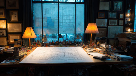 A serene and inviting design studio featuring a large blueprint on the table, illuminated by warm lamps, with a beautiful blue light filtering through the window.の素材