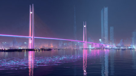 A stunning night view of a modern city skyline featuring a beautifully illuminated bridge over calm water, reflecting vibrant colors and architecture.の素材