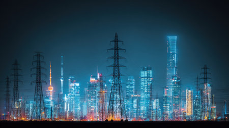 A stunning nighttime view of a modern city skyline, featuring illuminated skyscrapers and power lines under a vibrant neon glow, showcasing urban energy.の素材