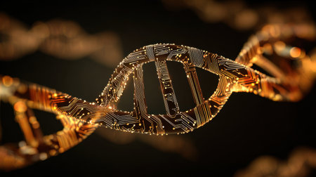 A stunning representation of a DNA strand integrated with circuit patterns. The glowing elements symbolize advances in genetic technology and biotechnology.の素材