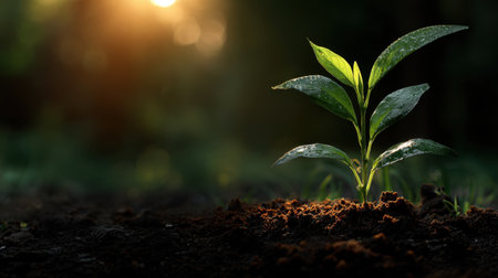 A small green plant rises from dark soil, illuminated by warm sunlight, symbolizing hope, growth, and the beauty of nature in a serene setting.の素材