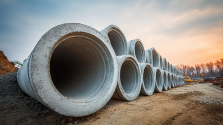 A serene construction site showcases a row of large concrete pipes stacked meticulously on the sandy ground, under a colorful sunrise sky.の素材