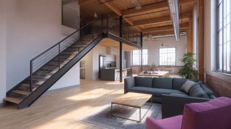 A modern open-concept living space featuring a stylish staircase, comfortable seating, and large windows that fill the room with natural light.の素材