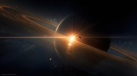 Experience a breathtaking cosmic scene featuring a majestic planet surrounded by mesmerizing rings and radiant light, set against a backdrop of stars.の素材