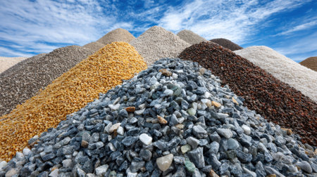 A stunning landscape showcasing colorful piles of gravel and stones in various sizes, set against a bright blue sky with wispy clouds.の素材