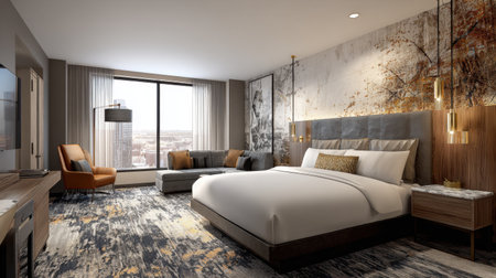 A stylish and modern hotel room featuring plush bedding, contemporary furniture, and a large window offering stunning city views, perfect for relaxation.の素材