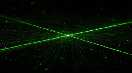 A captivating abstract image showcasing vibrant green laser beams emerging from a central point against a dark backdrop, creating a mesmerizing effect.の素材