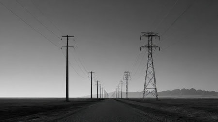 A striking black and white image of power lines stretching into the horizon, showcasing a tranquil road surrounded by vast empty fields, embodying serenity.の素材