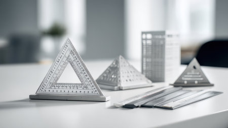This image features precision instruments used by architects and designers, arranged meticulously on a clean workspace, showcasing creativity and professionalism.の素材