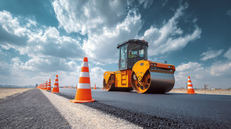 A construction roller machine performs asphalt work on a new road, flanked by bright orange traffic cones under a dramatic, cloud-filled sky.の素材