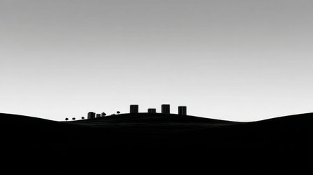 A captivating minimalist landscape featuring silhouetted silos against a gradient monochrome sky. This serene image captures the essence of rural tranquility.の素材