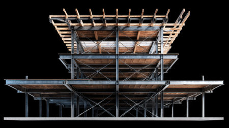 This image features a modern architectural structure highlighting the unique combination of steel and wood materials in an innovative design. The visual perspective shows the complex framework and unfinished status, emphasizing construction processes.の素材