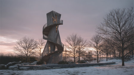 A stunning spiral observation tower rises from a snowy landscape, surrounded by bare trees under a colorful sunset sky. Perfect for winter exploration.の素材