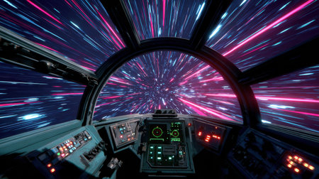 A breathtaking view from inside a futuristic spacecraft cockpit, showcasing vibrant streaks of light symbolizing high-speed travel through space.の素材