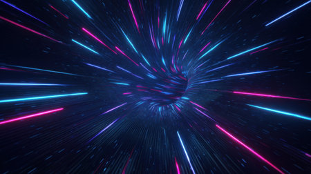 This stunning abstract image showcases vibrant light trails in blue and pink, swirling together in a mesmerizing motion through a dark space. Perfect for digital art lovers!の素材
