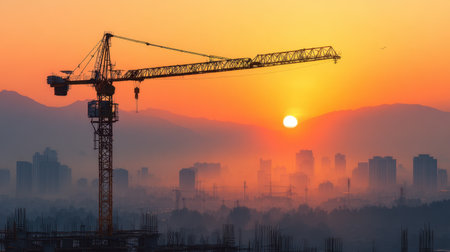 A striking silhouette of a construction crane stands against a vibrant sunrise, casting a dramatic view over an urban skyline filled with buildings.の素材