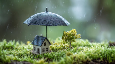 A charming miniature house sheltered by an umbrella amidst a rainy landscape, surrounded by vibrant green moss and a small tree, creating a serene and peaceful scene.の素材