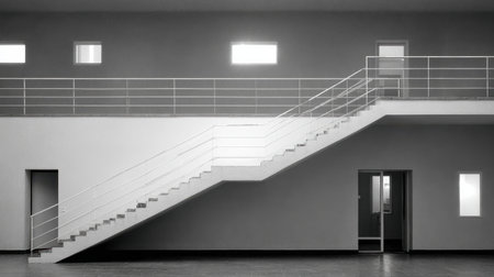 A striking black and white image showcasing a modern staircase with clean lines and minimalist design elements, emphasizing space and symmetry.の素材