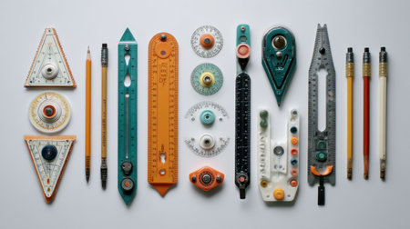 A collection of vintage drawing tools arranged aesthetically on a smooth surface. This image captures the essence of creativity and artistic design with its retro color palette and classic shapes, perfect for education or design-themed projects.の素材