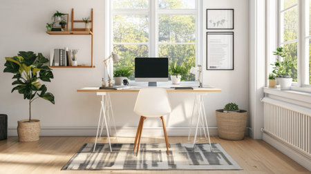 Light-filled home office with minimalist Scandinavian design and modern tech setupの素材