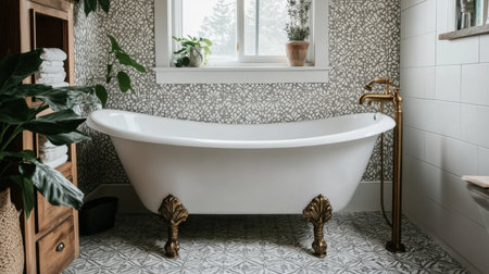Vintage-style bathroom with clawfoot tub, brass fixtures, and patterned wallpaperの素材