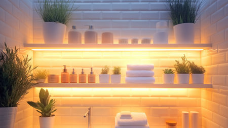 White tiled bathroom with chrome accessories, floating shelves, and under-cabinet lightingの素材