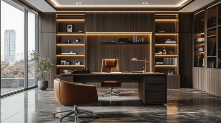 Warm-toned home office with wooden textures, ambient lighting, and organized workspaceの素材