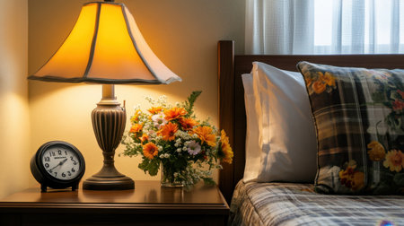 Bedside table setup with fresh flowers, reading lamp, and alarm clock in hotel roomの素材
