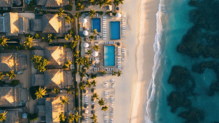 Aerial view of beach resort layout with pools, villas, and beachfront alignmentの素材