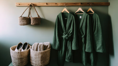 Boutique hotel closet space with wooden hangers, robe, slippers, and fabric basketsの素材