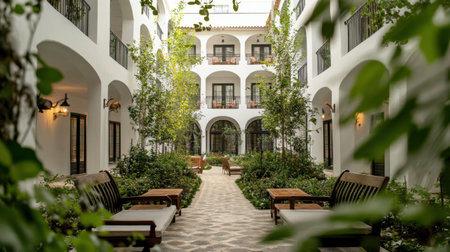 Boutique hotel outdoor courtyard with stone benches, greenery, and classic archesの素材