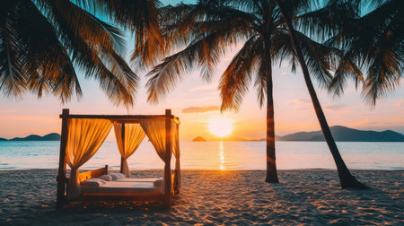 Beach resort canopy bed under palm trees facing sea horizon at golden hourの素材