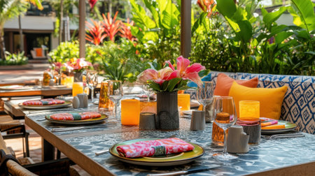 Boutique hotel table setup with designer tableware, fresh flowers, and ambient lightの素材
