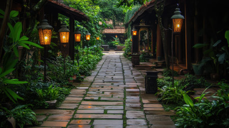 Boutique hotel garden path lined with lanterns, greenery, and stone tilesの素材