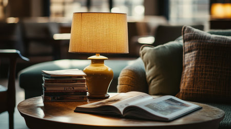 Quiet hotel lobby corner with reading nook, small lamp, and a stack of travel magazinesの素材