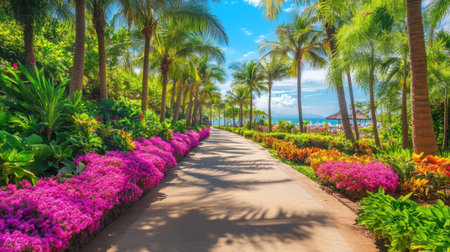 Tropical garden path at beach resort with colorful plants and soft sand underfootの素材