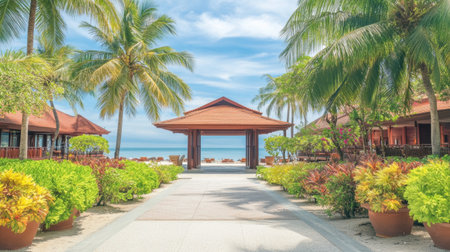 Tropical beach resort entrance pathway lined with palm trees and exotic flowersの素材