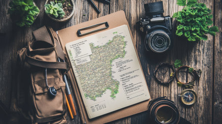 Travel planning flat lay with notebook, map, and hotel booking confirmation emailの素材