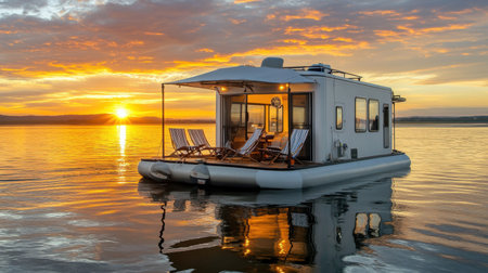 Tourist houseboat accommodation with deck chairs, sunset reflections, and gentle ripplesの素材