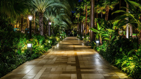Tiled walkway through beach resort garden with exotic plants and elegant lightingの素材