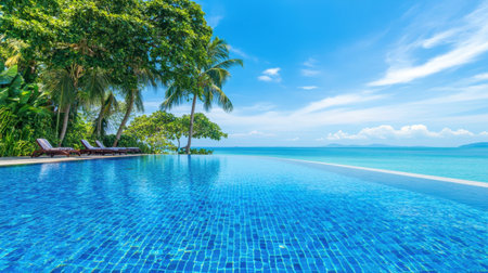 Tiled infinity pool edge of beach resort blending with the calm ocean horizonの素材