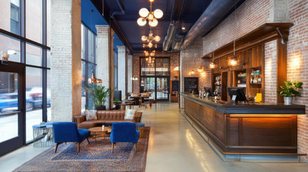 Urban hotel lobby with industrial design, exposed brick walls, and metal lighting fixturesの素材
