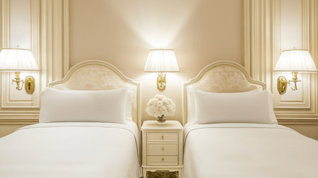 Twin bed hotel room setup with identical decor, shared nightstand, and calm atmosphereの素材