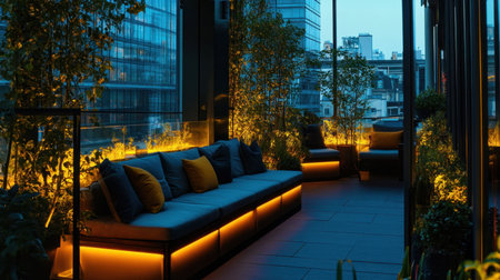 Boutique hotel private terrace with sunset lighting, stylish cushions, and glass railingの素材